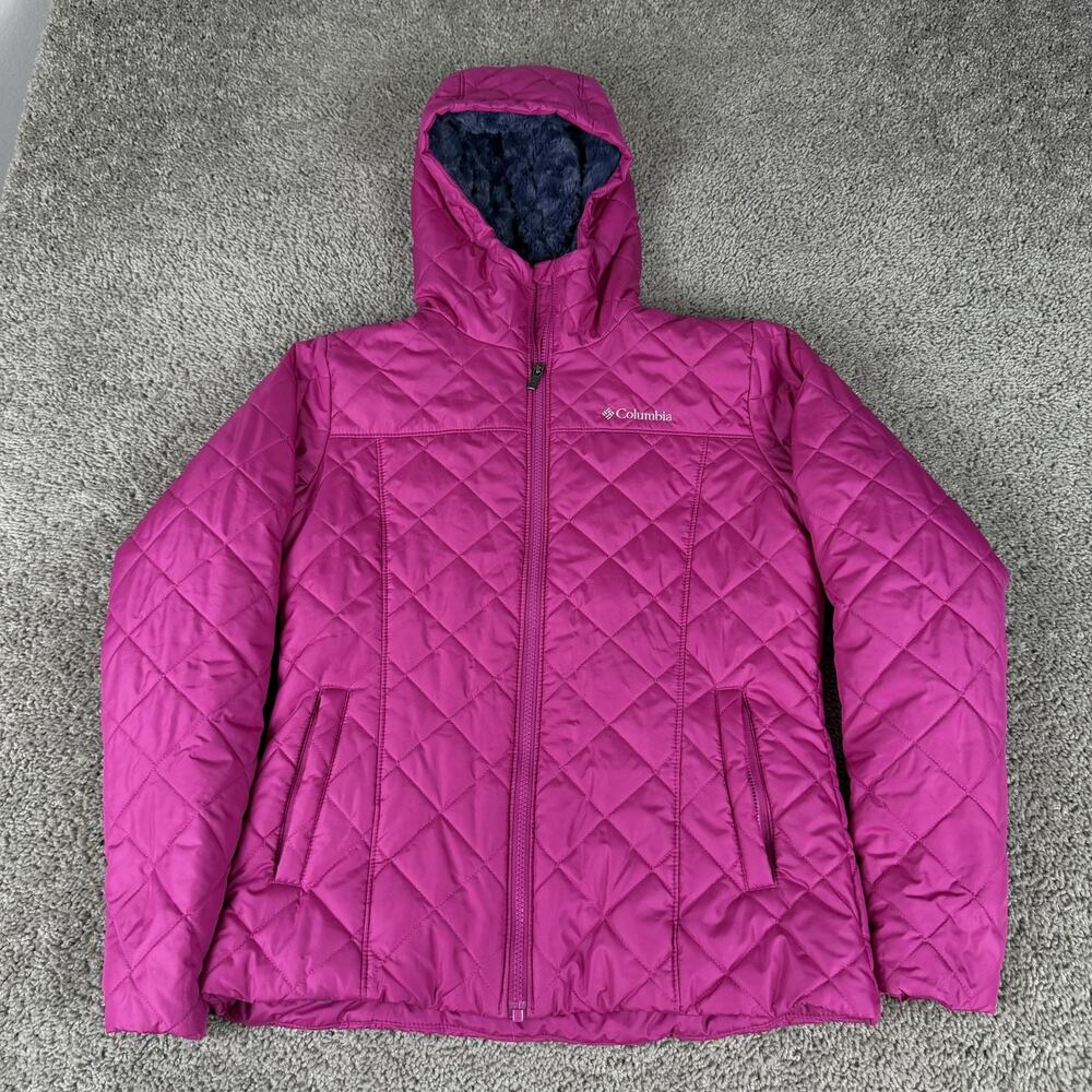 Columbia Jacket Womens Medium Pink Quilted Hooded Fleece Lined Full Zip Warm - Picture 1 of 13